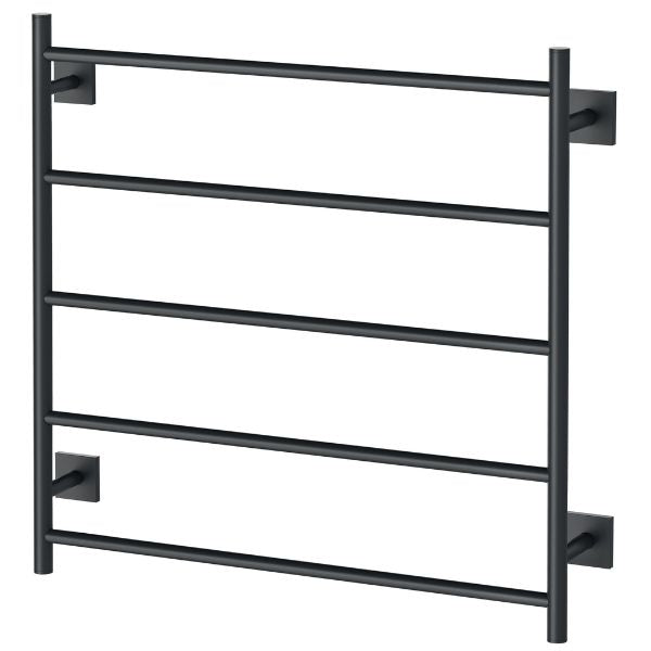 Phoenix Radii heated towel ladder in matte black, 5-bar round rail with square wall mounts, front view on white background