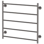 Phoenix Radii heated towel ladder in brushed carbon, 5-bar round towel rail with square and round wall plates on white background