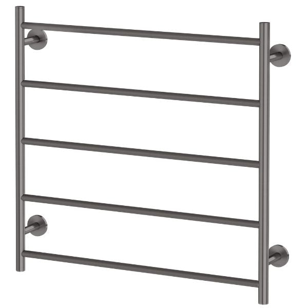 Phoenix Radii heated towel ladder in brushed carbon, 5-bar round towel rail with square and round wall plates on white background