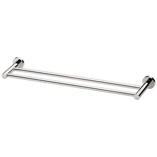 Phoenix Radii double towel rail in chrome with round wall plates, shown in a 600mm length on white background