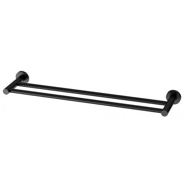 Phoenix Radii double towel rail in matte black with round plates, shown front on on a white background