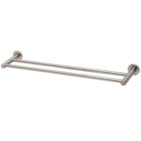 Phoenix Radii double towel rail in brushed nickel with round plates, shown on white background