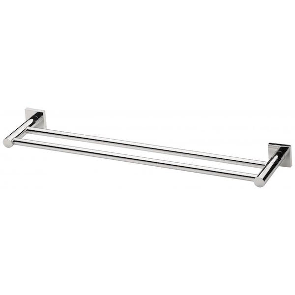 Phoenix Radii double towel rail with square plates in chrome finish, shown front on on white background