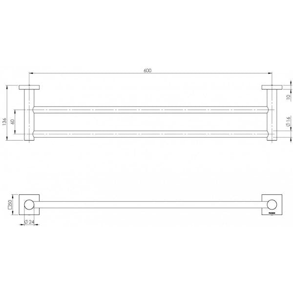 Phoenix Radii double towel rail technical drawing, square plate, chrome finish, 600mm length, front and side views