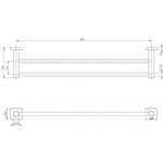 Phoenix Radii double towel rail technical drawing with square plates, showing 600mm length and dimensions in black line art