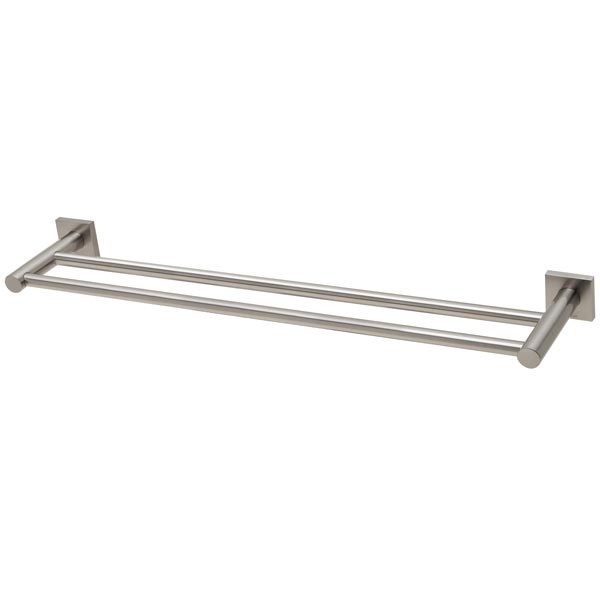 Phoenix Radii double towel rail in brushed nickel with square plates, shown front on on white background