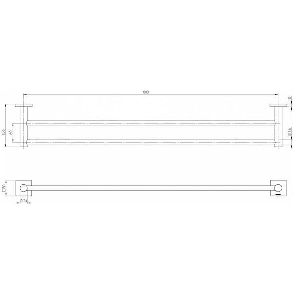 Phoenix Radii double towel rail in matte black, shown as a technical drawing with 800mm dimensions and square plates