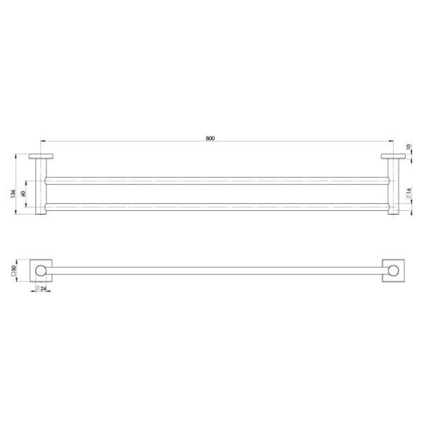 Phoenix Radii double towel rail technical drawing, 800mm, square plate, brushed carbon finish