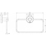 Phoenix Radii chrome hand towel holder with round plate, shown in technical drawing with dimensions