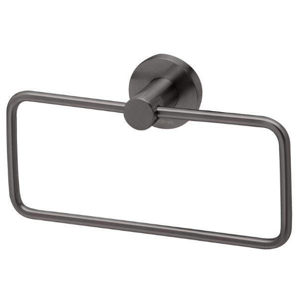 Phoenix Radii brushed carbon hand towel holder with round plate and rectangular bar design