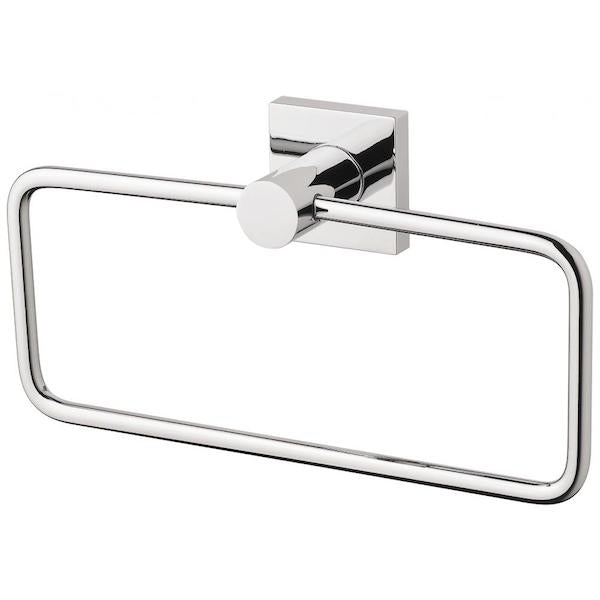 Phoenix Radii chrome hand towel holder with square wall plate and rectangular ring on a white background