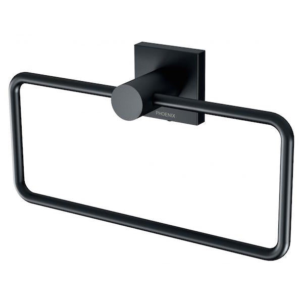 Phoenix Radii matte black hand towel holder with square wall plate, rectangular ring, front view on white background
