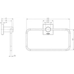 Phoenix Radii chrome hand towel holder with square plate, technical dimension drawing view