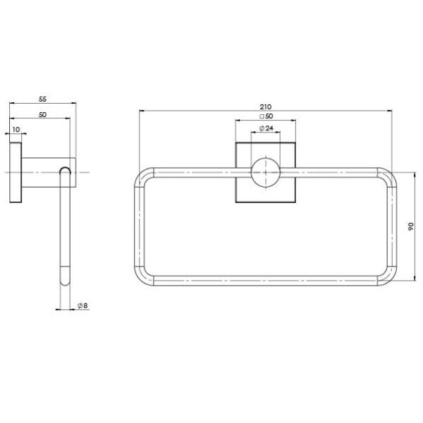 Phoenix Radii hand towel holder technical drawing with square plate, brushed carbon finish, front and side views, dimensions shown