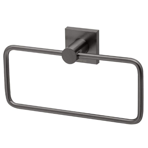 Phoenix Radii square plate hand towel holder in brushed carbon, rectangular ring wall-mounted on a white background