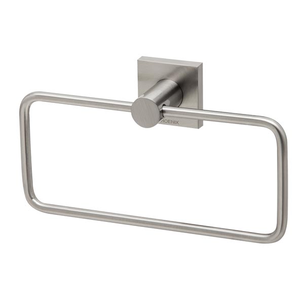 Phoenix Radii brushed nickel hand towel holder with square plate and rectangular ring, wall-mounted on white background