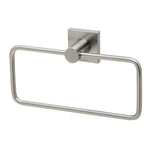 Phoenix Radii brushed nickel hand towel holder with square plate and rectangular ring, wall-mounted on white background