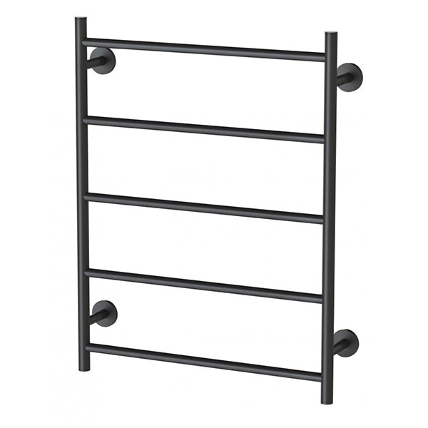 Phoenix Radii matte black heated towel ladder, 5-bar, round plate wall-mounted rail