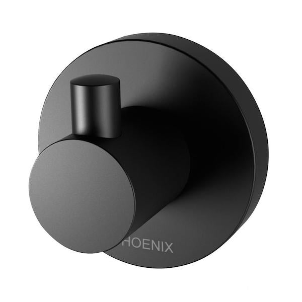 Phoenix Radii matte black robe hook with round plate, wall-mounted bathroom accessory