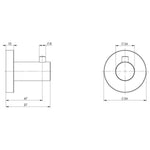 Phoenix Radii robe hook technical drawing, round plate, brushed carbon finish, side and front views with dimensions