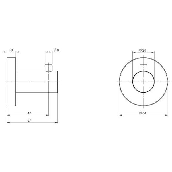 Phoenix Radii robe hook technical drawing, round plate, brushed carbon finish, side and front views with dimensions
