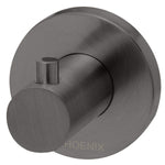 Phoenix Radii robe hook with round plate in brushed carbon, wall-mounted bathroom accessory with a modern circular backplate