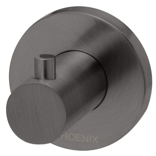 Phoenix Radii robe hook with round plate in brushed carbon, wall-mounted bathroom accessory with a modern circular backplate
