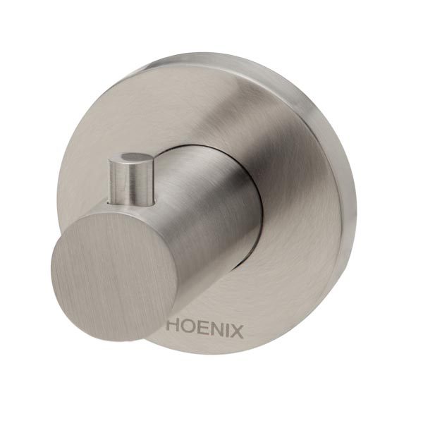 Phoenix Radii robe hook in brushed nickel with round wall plate, shown front on