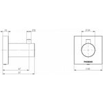 Phoenix Radii robe hook technical drawing, square plate, brushed nickel, front and side views with dimensions