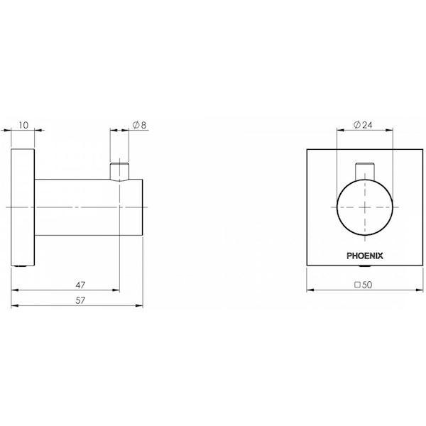 Phoenix Radii robe hook technical drawing, square plate, brushed nickel, front and side views with dimensions