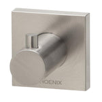 Phoenix Radii robe hook with square plate in brushed nickel, shown front on against a white background