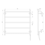 Phoenix Radii heated towel ladder 750mm chrome, technical drawing showing front and side views with 5 bars and cable exit.