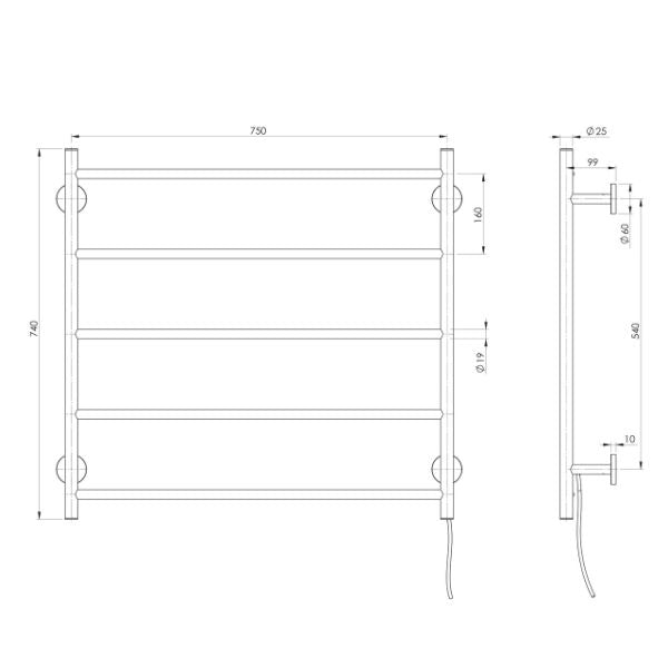 Phoenix Radii heated towel ladder 750mm chrome, technical drawing showing front and side views with 5 bars and cable exit.
