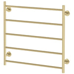 Phoenix Radii heated towel ladder, brushed gold, 5-bar rectangular rail with round wall mounts, front view