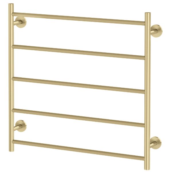 Phoenix Radii heated towel ladder, brushed gold, 5-bar rectangular rail with round wall mounts, front view