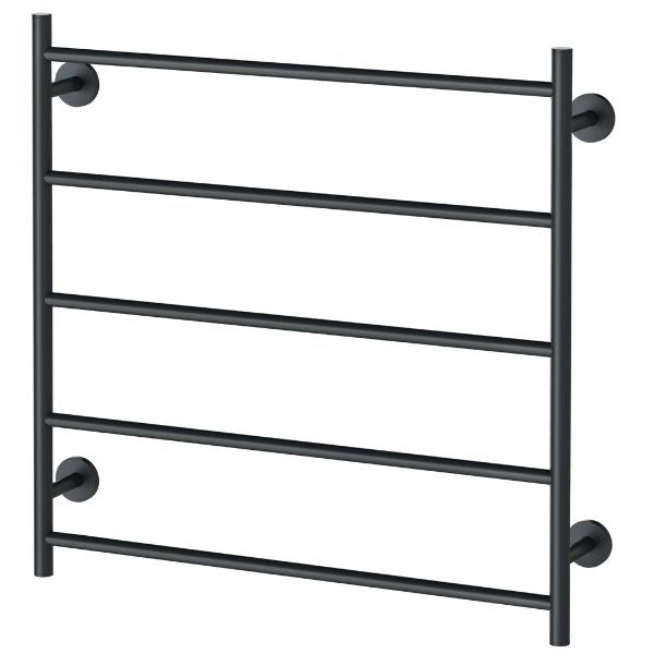 Phoenix Radii heated towel ladder, matte black, 5-bar round rail, front view on white background