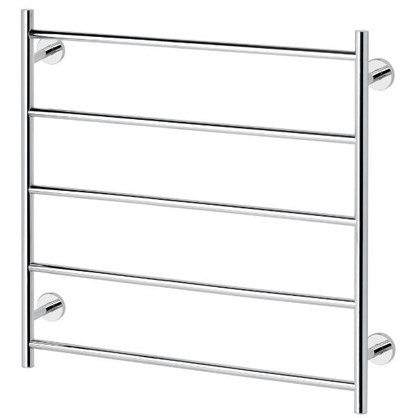 Phoenix Radii heated towel ladder in chrome, 5-bar round rail with round wall mounts, front view