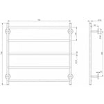 Phoenix Radii towel ladder round plate technical drawing in chrome, showing front and side views with dimensions