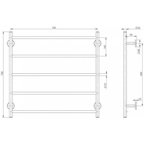 Phoenix Radii towel ladder round plate technical drawing in chrome, showing front and side views with dimensions