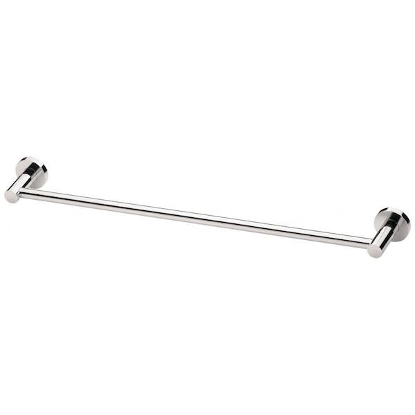 Phoenix Radii single towel rail in chrome, with round plates, shown on a white background.