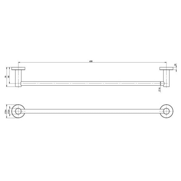 Phoenix Radii single towel rail technical drawing, 600mm, with round plates in brushed carbon finish