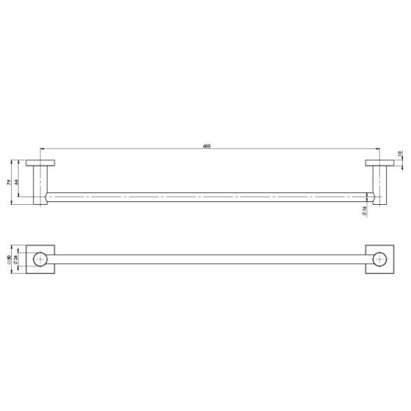 Phoenix Radii 600mm single towel rail technical drawing with square plates, Brushed Carbon finish