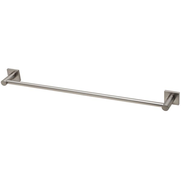 Phoenix Radii single towel rail in brushed nickel with square plates, shown on white background, 600mm