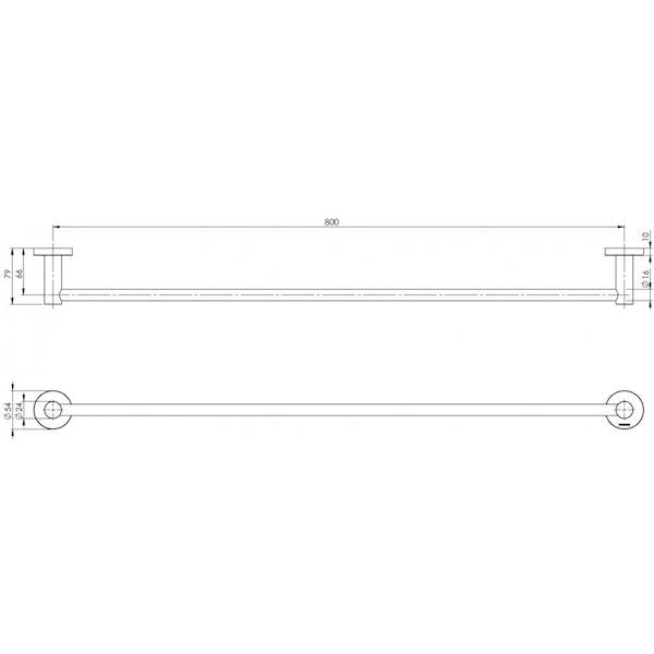Phoenix Radii single towel rail in chrome, 800mm, shown as a technical line drawing with round plates
