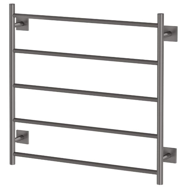 Phoenix Radii heated towel ladder in brushed carbon, 5-bar round rail with square wall mounts, front view