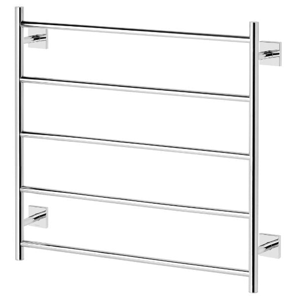 Phoenix Radii heated towel ladder in chrome, front view with five round bars and square wall mounts