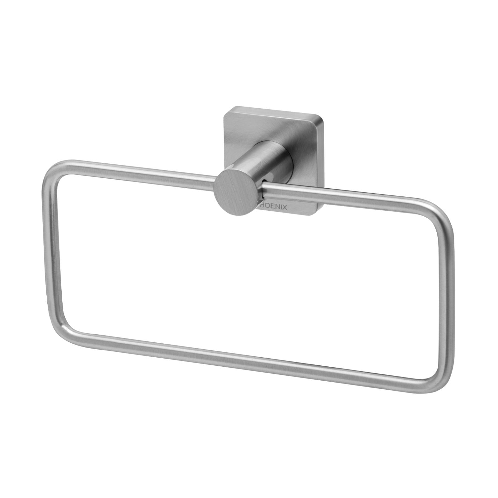 Phoenix Radii stainless steel hand towel holder with square plate, brushed finish, shown front on white background