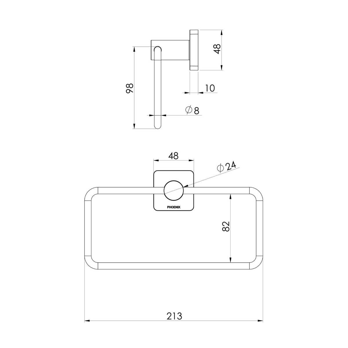 Phoenix Radii hand towel holder technical drawing with square plate, brushed stainless steel finish and dimensions marked