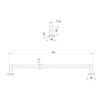 Phoenix Radii SS 316 single towel rail technical drawing, square plate mount, 621mm, brushed stainless steel￼