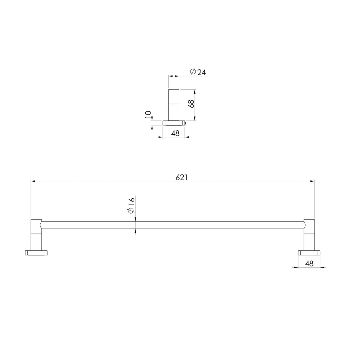 Phoenix Radii SS 316 single towel rail technical drawing, square plate mount, 621mm, brushed stainless steel￼
